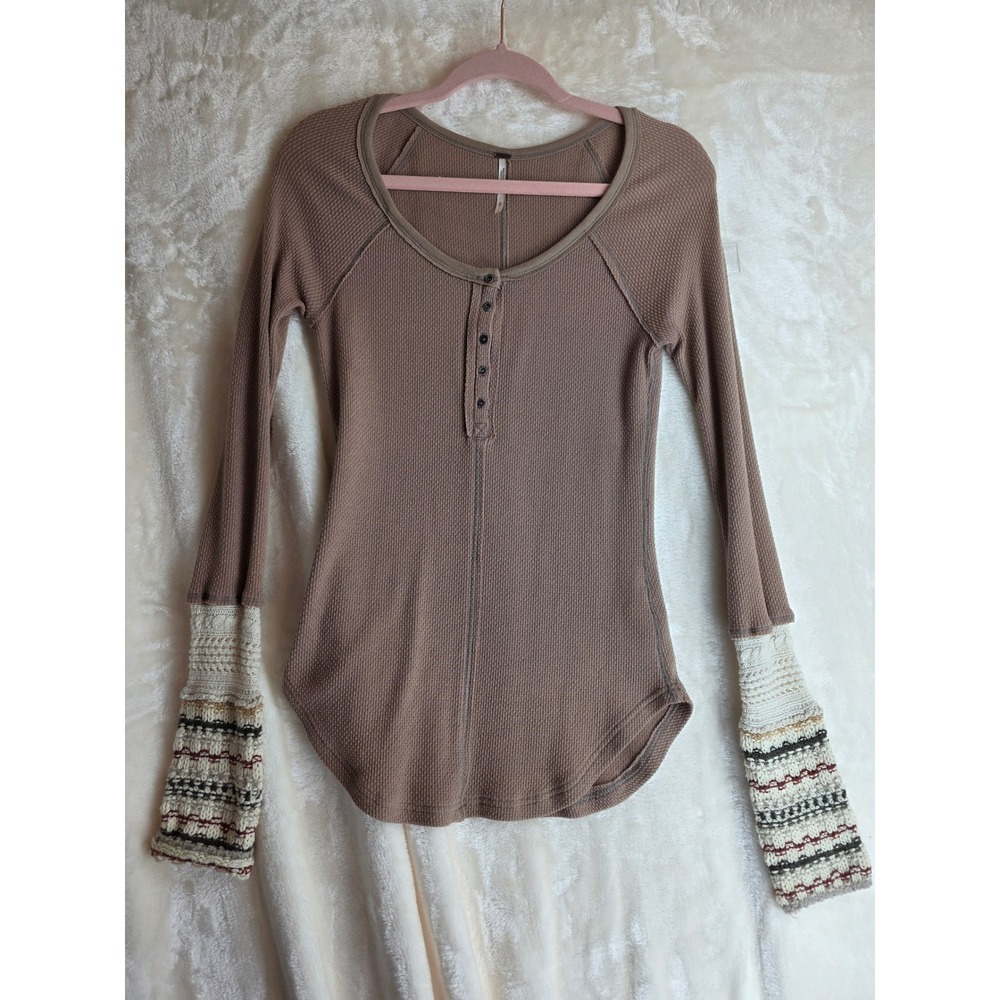 Free People‎ Waffle Knit Bell Sleeve Thermal Top Mocha Brown Size S